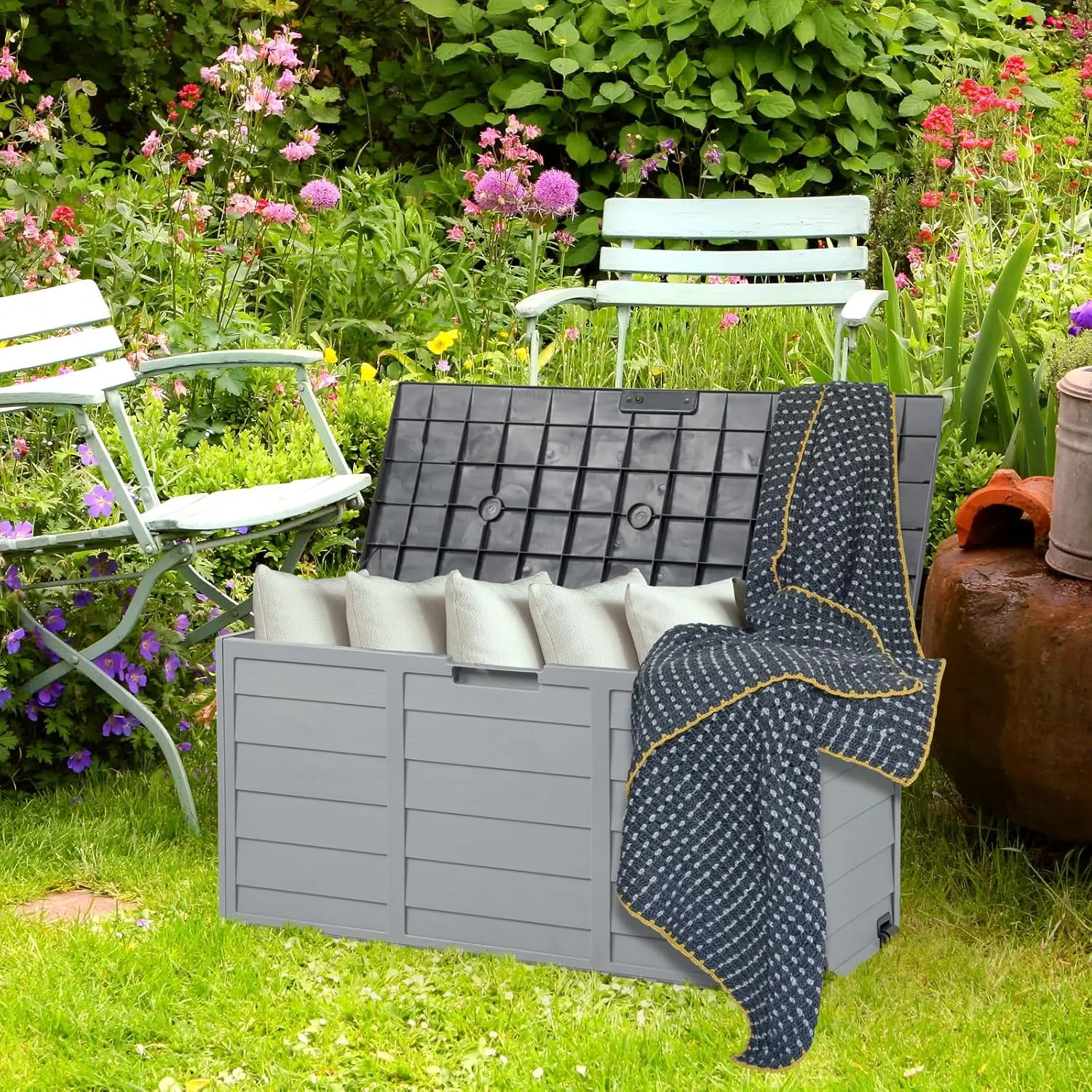 Upgraded 75 Gallon Outdoor Storage Box, Lockable Plastic Storage Containers with Lid, Patio Deck Box Furniture for Garden