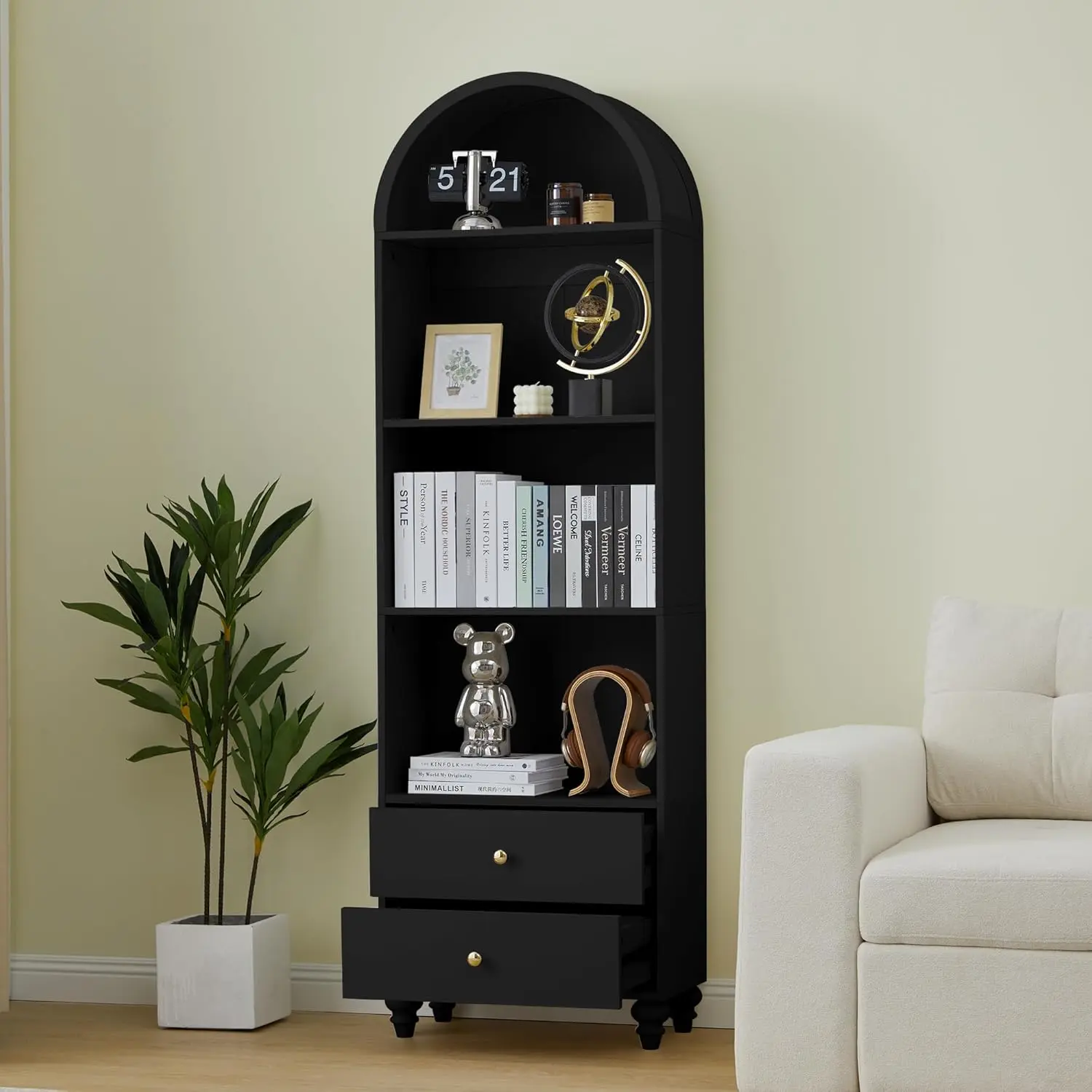 75.59" Tall Bookcase, 4 Tier Arched Bookshelf with 2 Drawers, Modern Book Display Storage Cabinet for Living Room, Bedroom