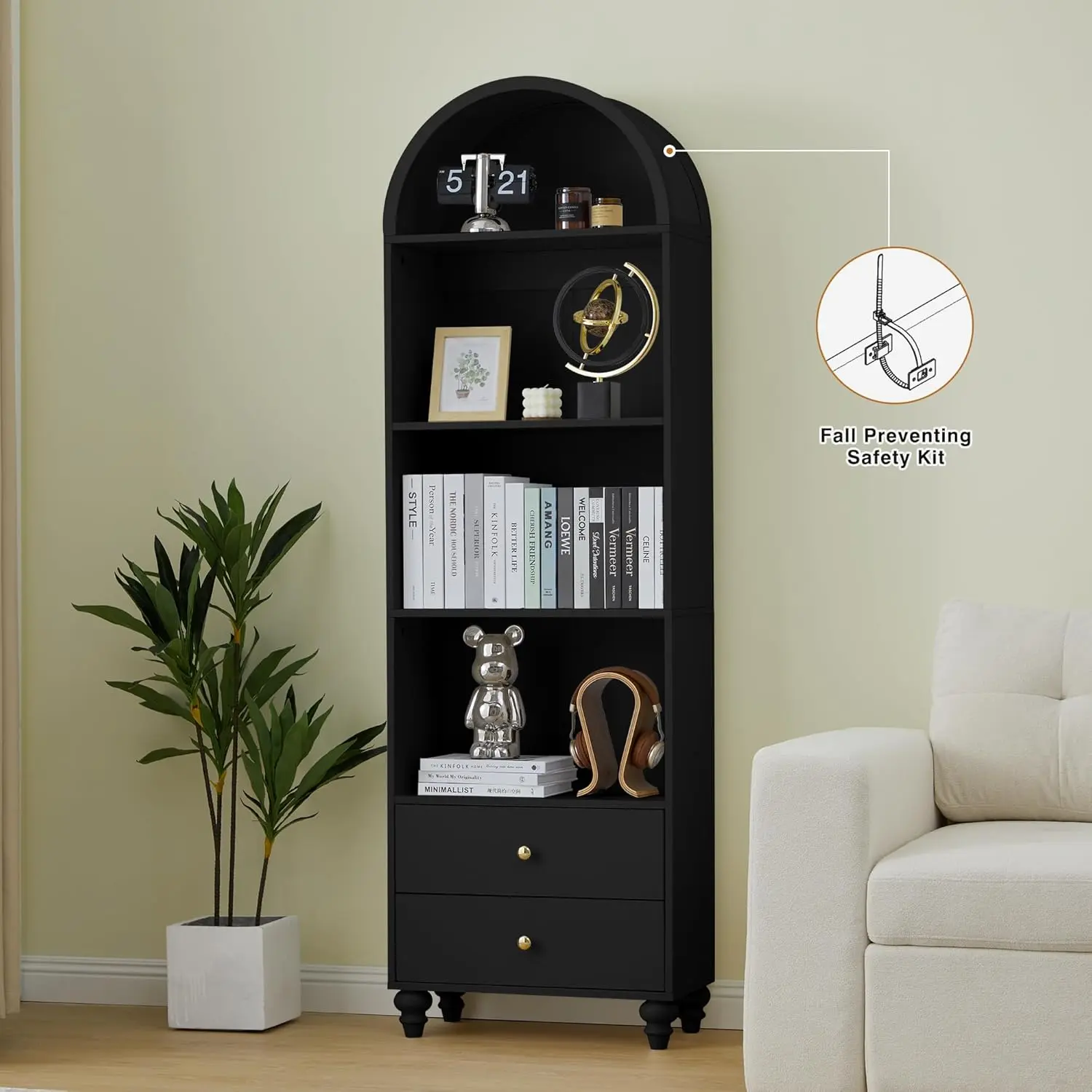 75.59" Tall Bookcase, 4 Tier Arched Bookshelf with 2 Drawers, Modern Book Display Storage Cabinet for Living Room, Bedroom