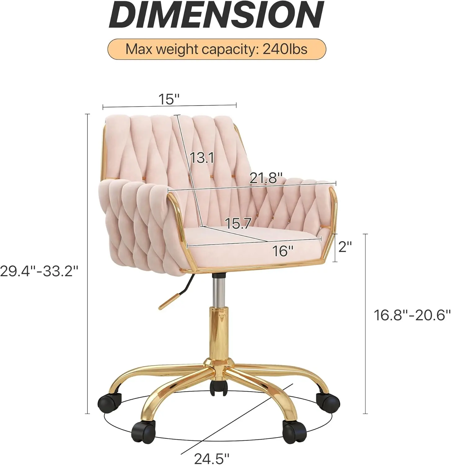 Velvet Home Office Chair, Modern Height Adjustable Cute Vanity Chair, 360° Swivel Makeup Chair Desk Chair with Golden Base
