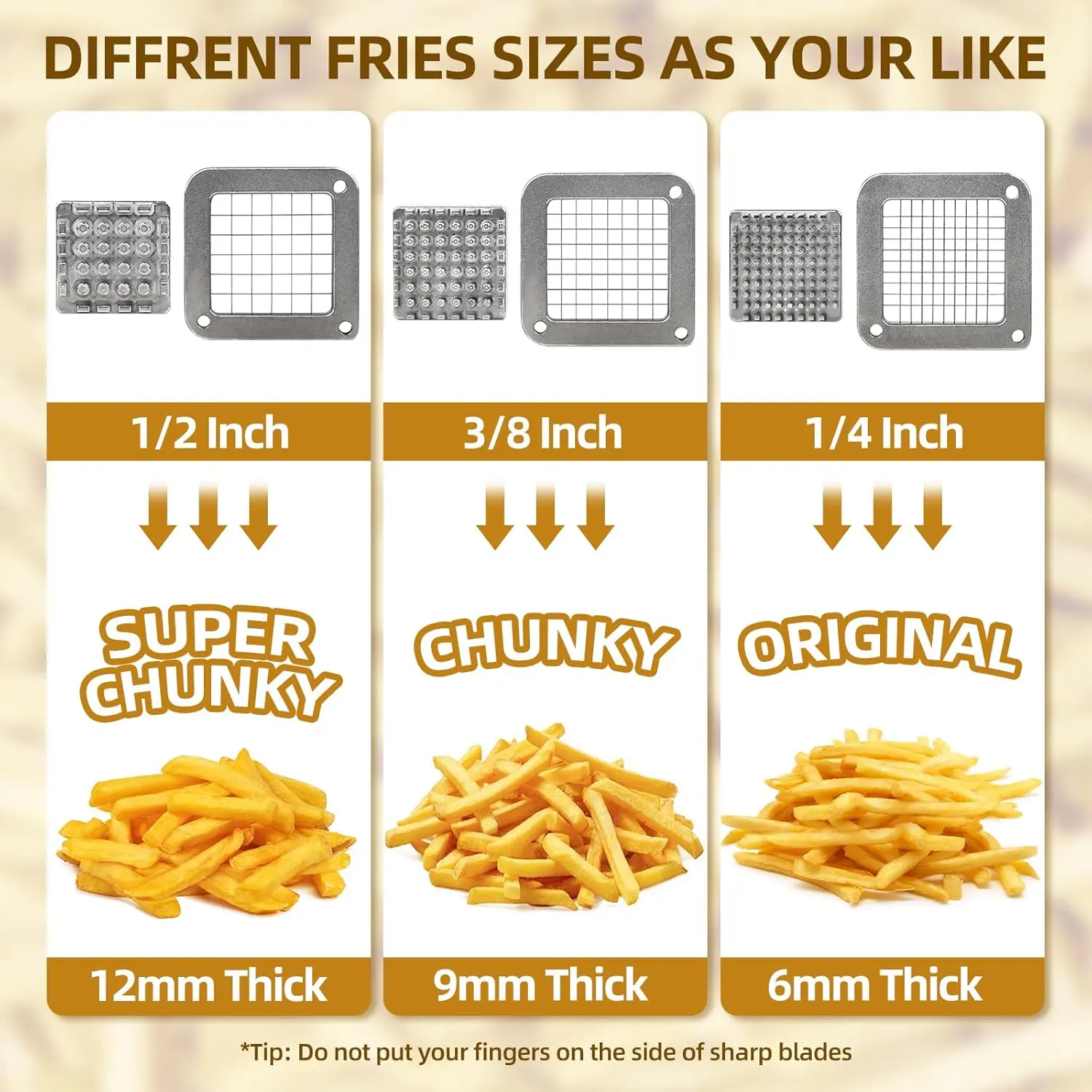 French Fry Cutter Commercial Potato Slicer with Suction Feet Complete Set, Includes 1/4", 3/8",1/2"