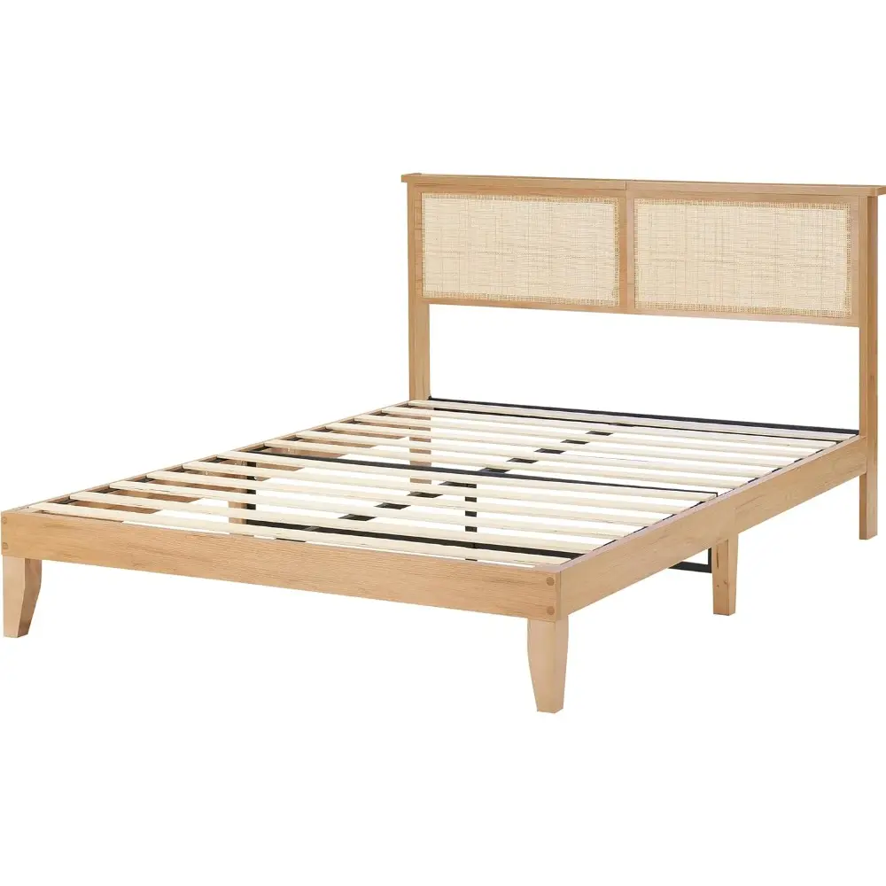 Rattan Bed Frame Full with Natural Rattan Headboard,Bohemian Rattan Bed Frame with LED Lights,Solid Wood Foundation with Silent