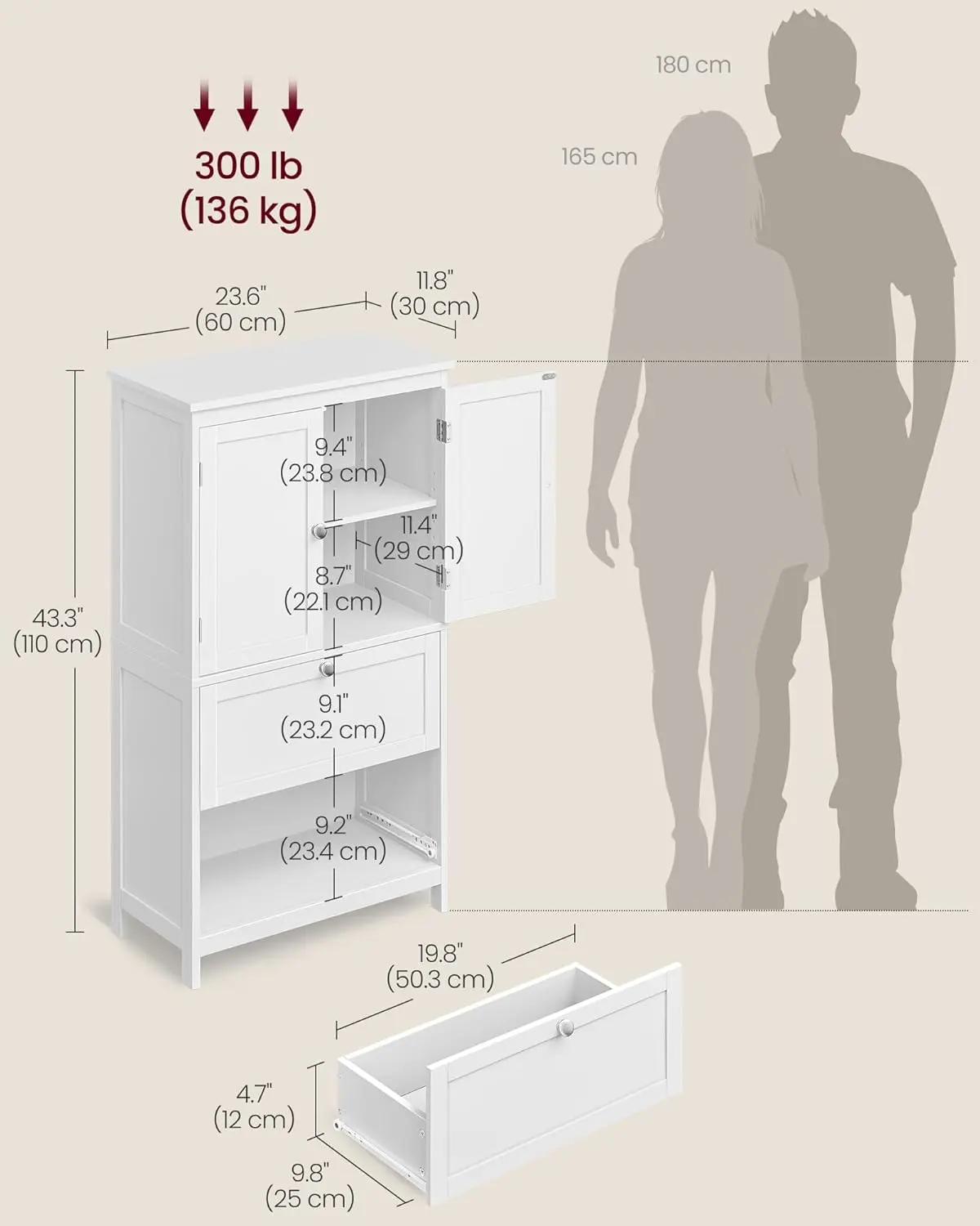 Bathroom Floor Storage Cabinet, Bathroom Storage Unit, Freestanding Cabinet with 2 Drawers and 2 Doors, Adjustable Shelf