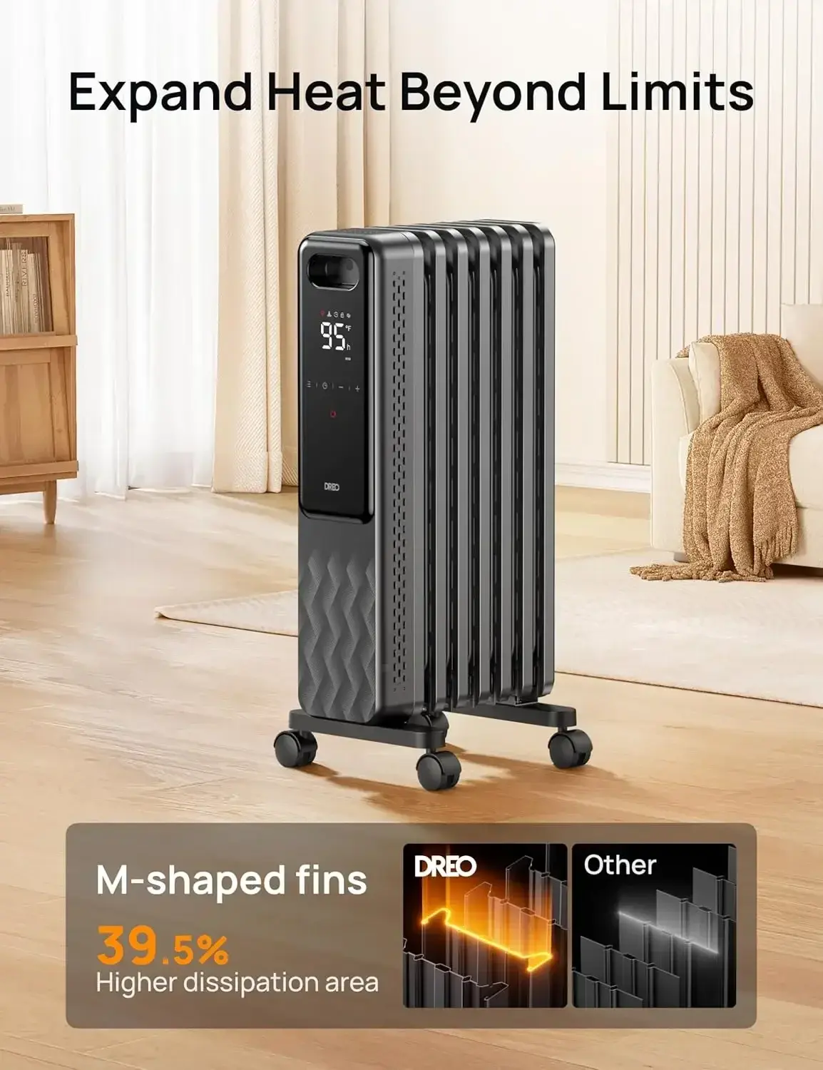 Oil Filled Radiator, Electric Radiant Heaters for indoor use Large Room with Remote Control, Child Lock, 4 Modes, Overheat