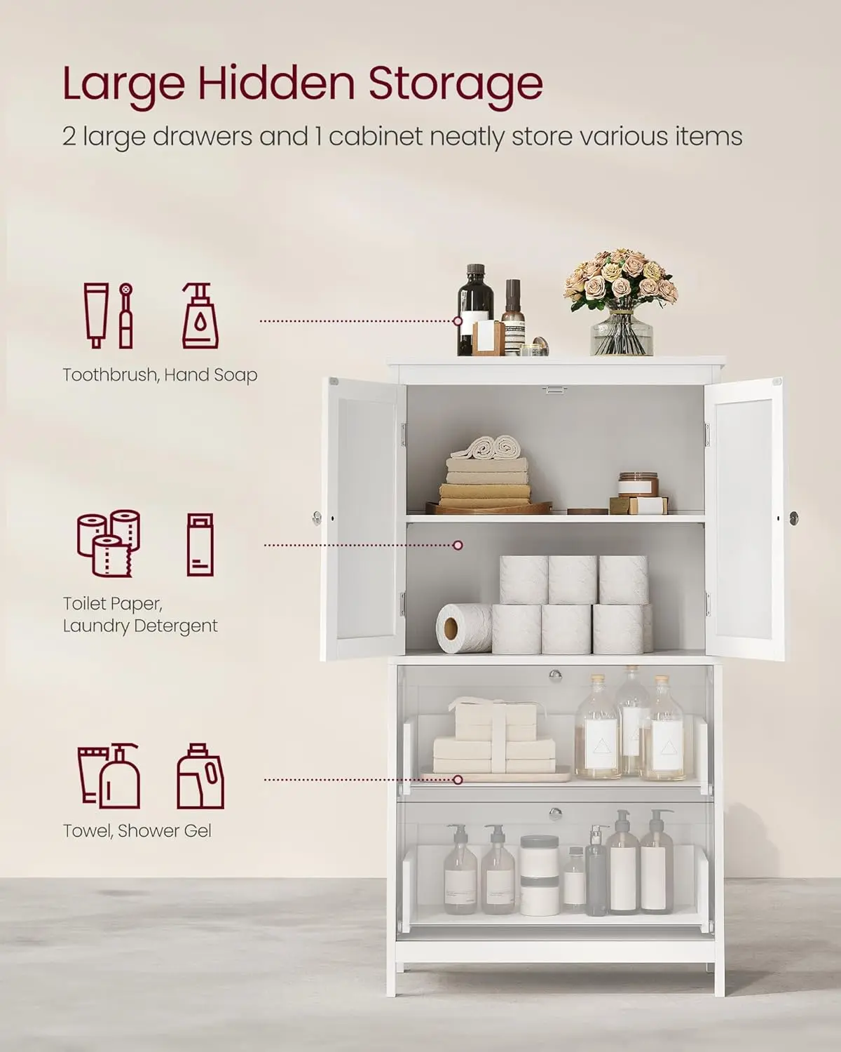 Bathroom Floor Storage Cabinet, Bathroom Storage Unit, Freestanding Cabinet with 2 Drawers and 2 Doors, Adjustable Shelf