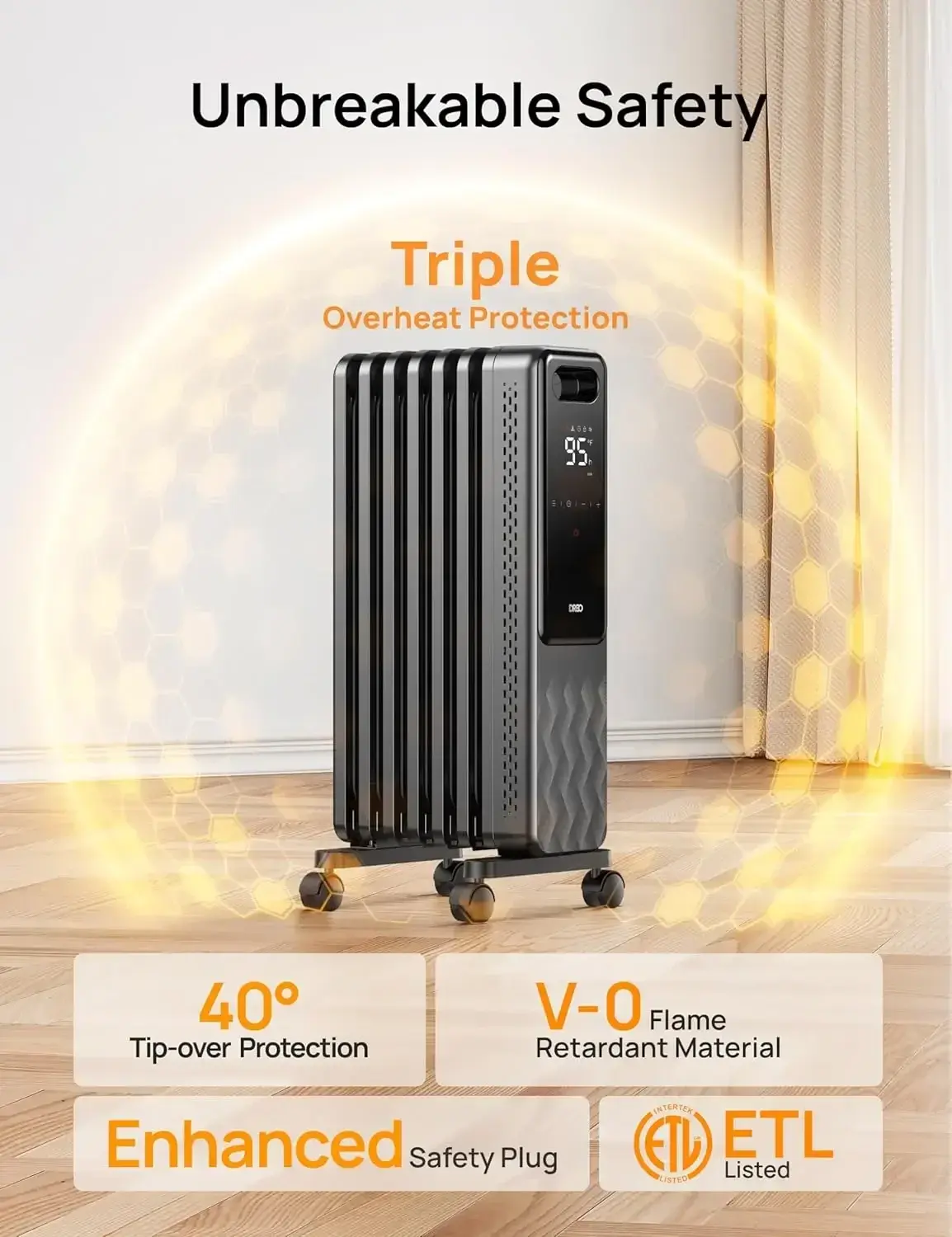 Oil Filled Radiator, Electric Radiant Heaters for indoor use Large Room with Remote Control, Child Lock, 4 Modes, Overheat
