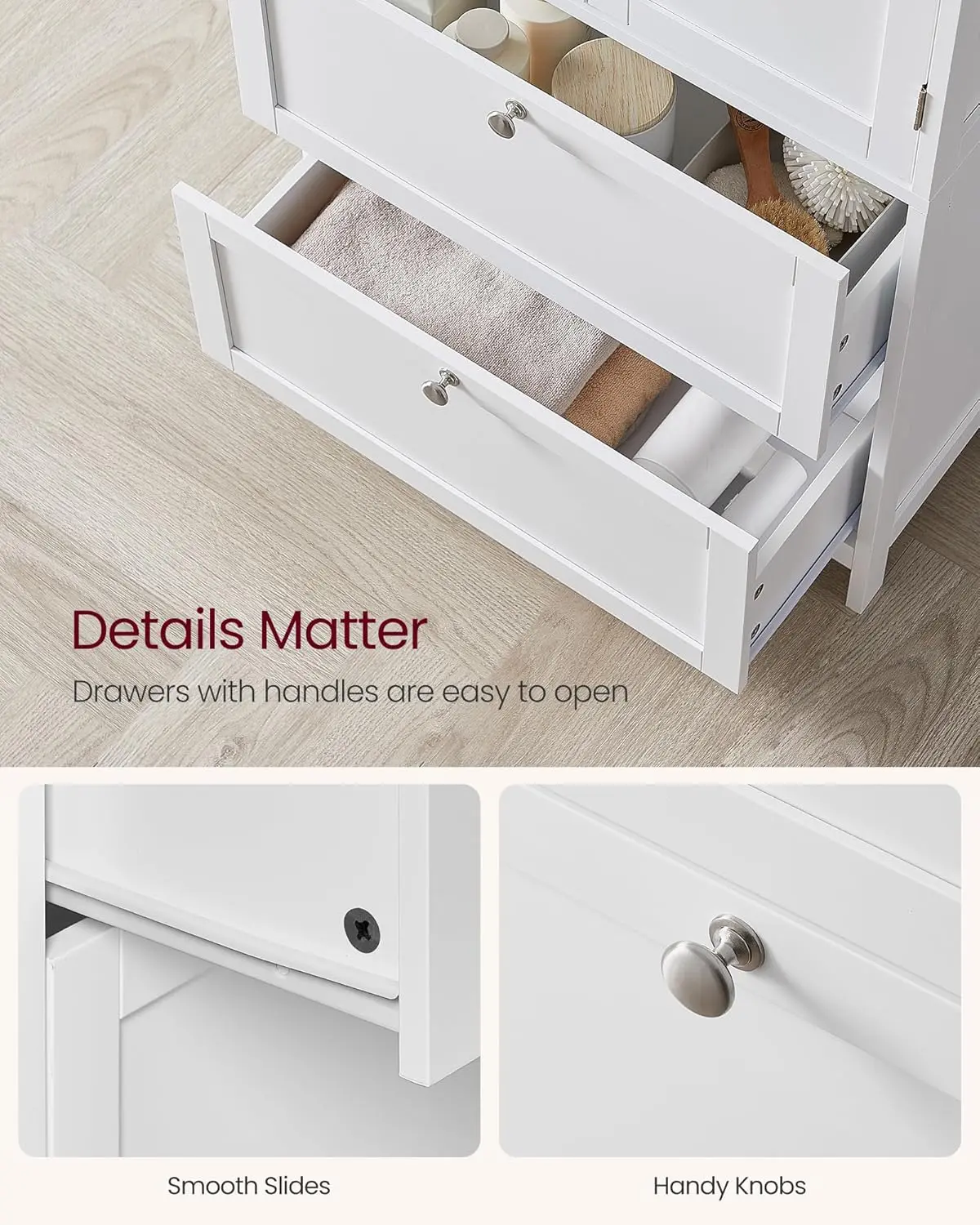 Bathroom Floor Storage Cabinet, Bathroom Storage Unit, Freestanding Cabinet with 2 Drawers and 2 Doors, Adjustable Shelf