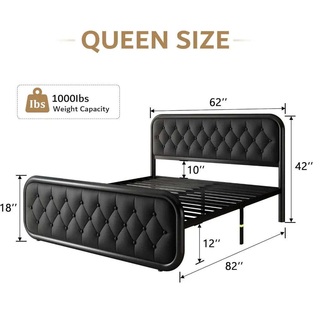 Queen Size Metal Bed Frame with Leather Headboard, Heavy-Duty Platform Bed Frame, Thicker Metal Steel Slats Support, 12'' Under