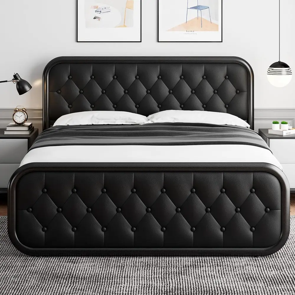 Queen Size Metal Bed Frame with Leather Headboard, Heavy-Duty Platform Bed Frame, Thicker Metal Steel Slats Support, 12'' Under