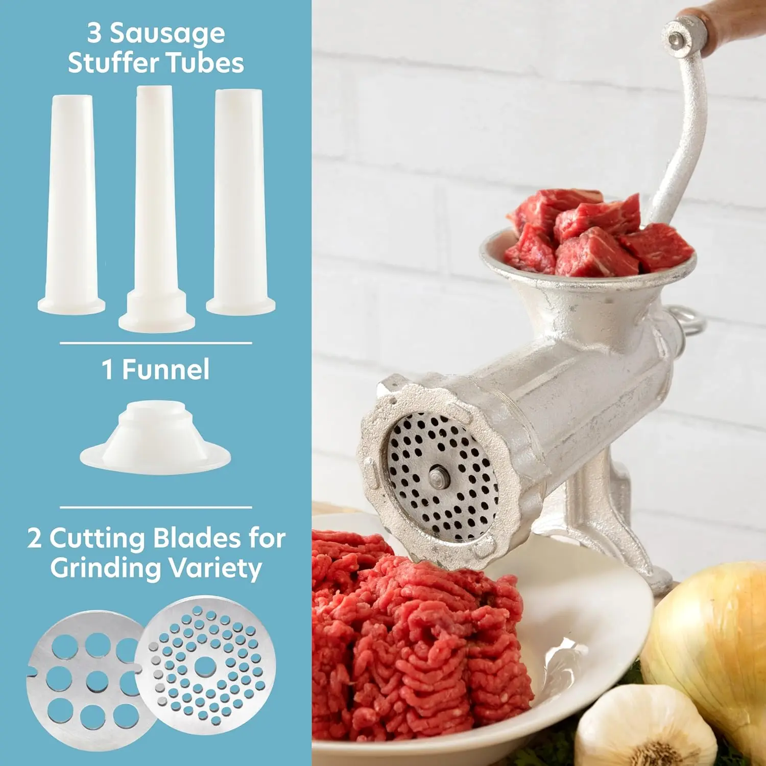 Meat Grinder w Tabletop Clamp & 2 Cutting Disks, Cast Iron Heavy DutySausageMaker & Manual Meat Mincer- Homemade Burger Patties,