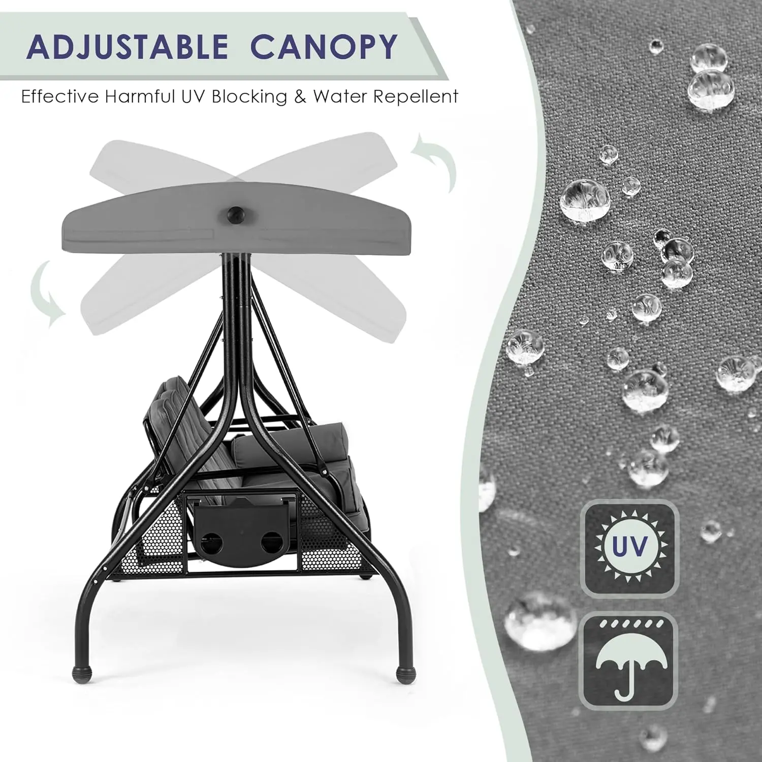 3 Seat Outdoor Porch Swing with 1.5" Deep Cup HolderAdjustable CanopyPatio Swing Bed with Stand, Patio Glider Swing with Thicken