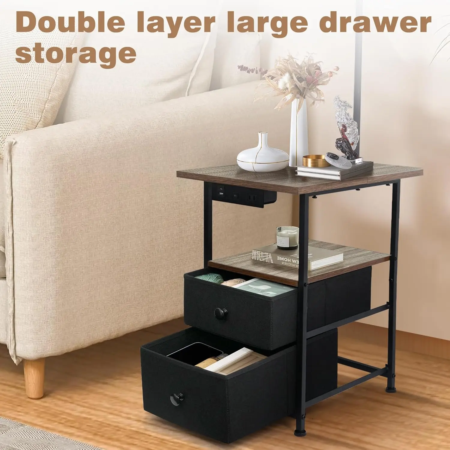 Floor Lamp with Table & 2 Drawers, End Table with 3 Color Temperature Reading Light, Side Table Lamp with USB & Type C & AC Cha