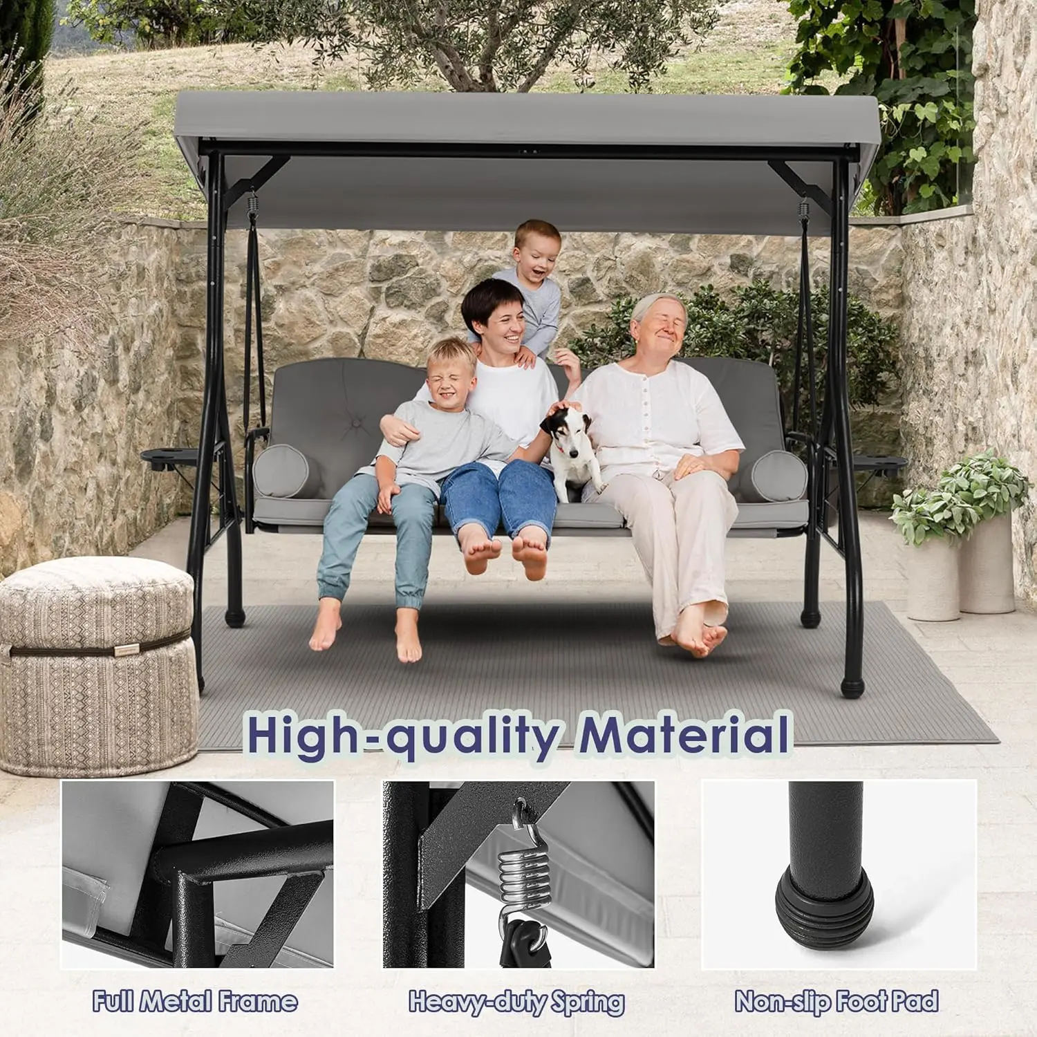 3 Seat Outdoor Porch Swing with 1.5" Deep Cup HolderAdjustable CanopyPatio Swing Bed with Stand, Patio Glider Swing with Thicken