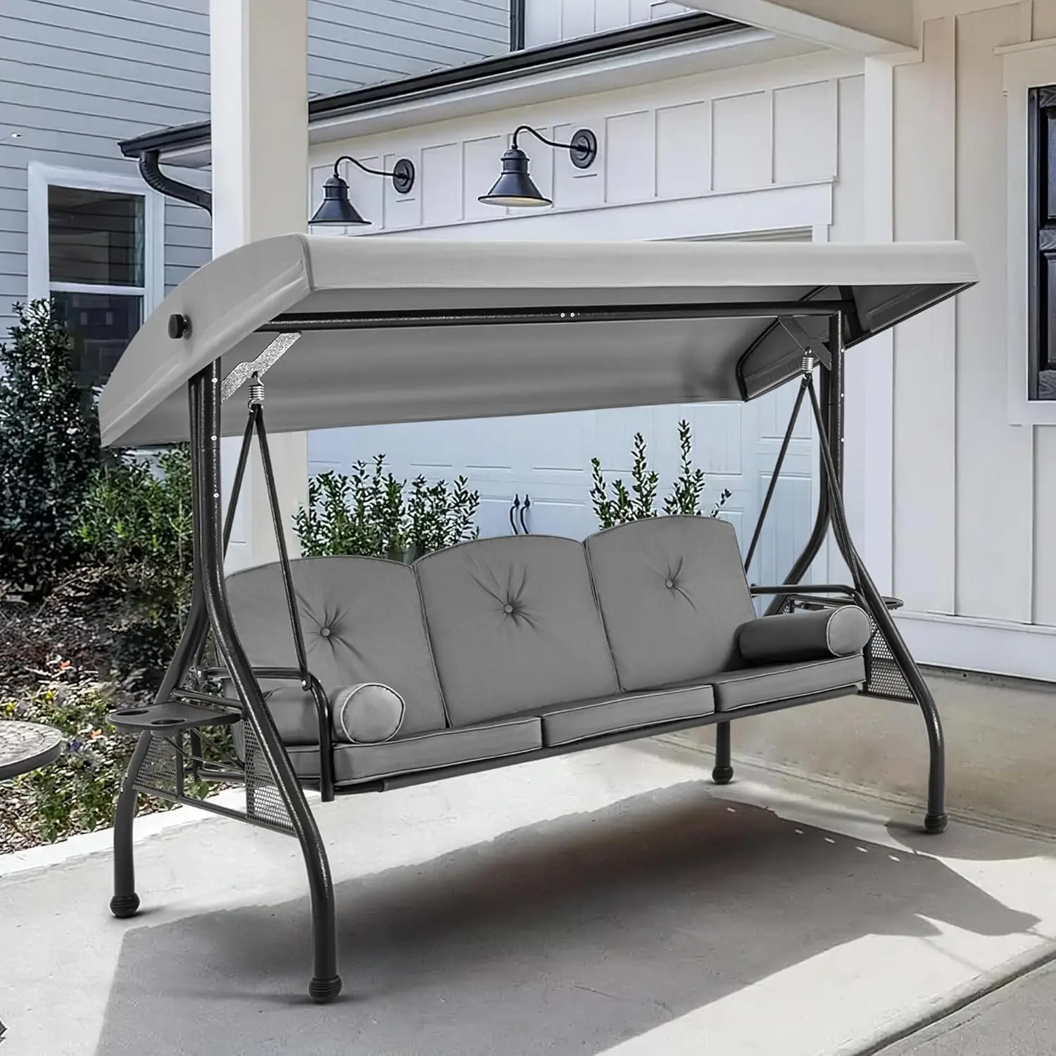 3 Seat Outdoor Porch Swing with 1.5" Deep Cup HolderAdjustable CanopyPatio Swing Bed with Stand, Patio Glider Swing with Thicken