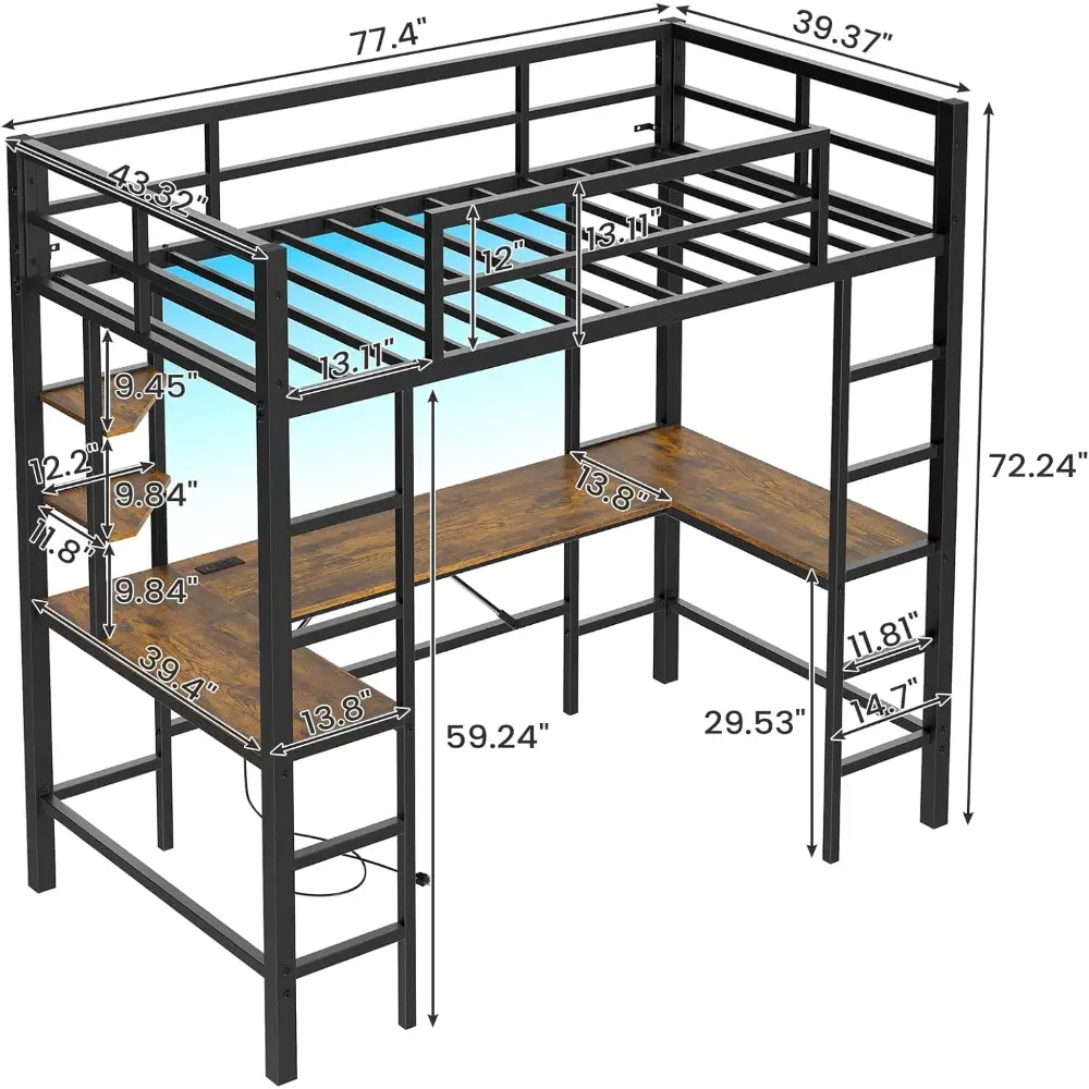 DICTAC Twin Size Loft Bed with U Shaped Desk and Led Lights Twin LED Loft Metal Bed Frame with Charging Station and Storage Shel