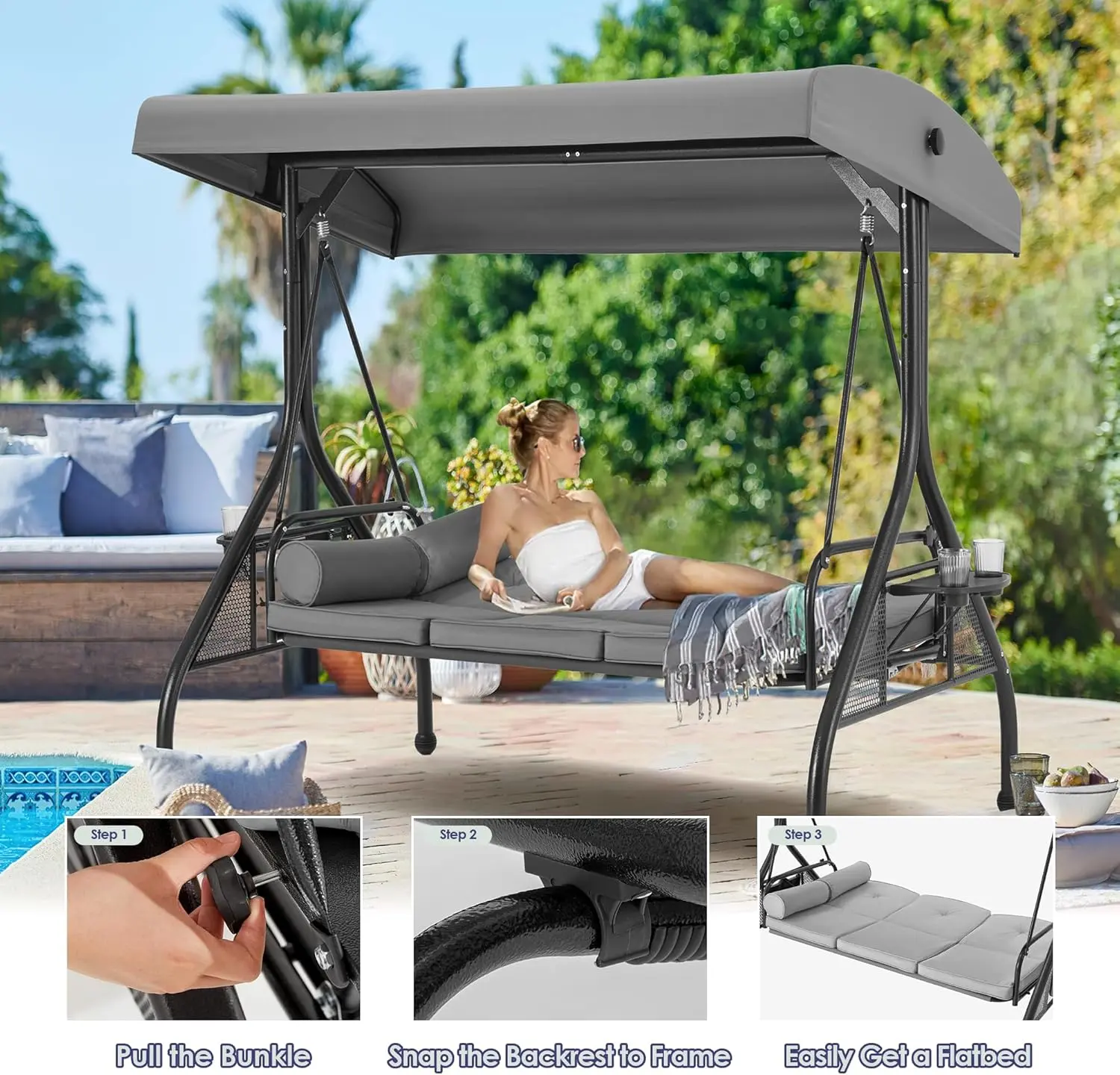 3 Seat Outdoor Porch Swing with 1.5" Deep Cup HolderAdjustable CanopyPatio Swing Bed with Stand, Patio Glider Swing with Thicken