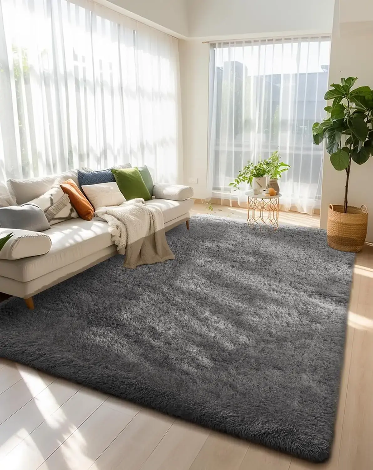 Rugs for Living Room, Grey Fluffy Shag Large Fuzzy Plush Soft Thick Carpet, Floor Indoor Non Slip 6x9 Area Rugs for Bedroom