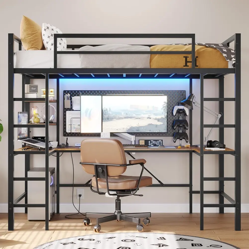 DICTAC Twin Size Loft Bed with U Shaped Desk and Led Lights Twin LED Loft Metal Bed Frame with Charging Station and Storage Shel
