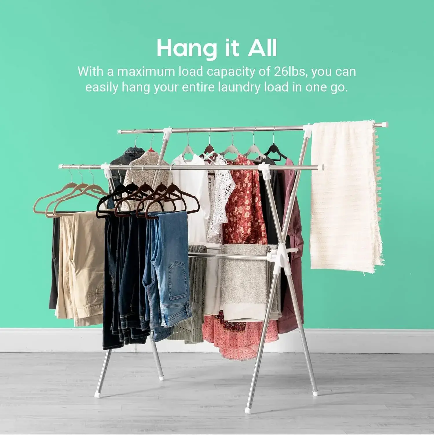 Foldable Drying Rack with Extendable Rods for Large Laundry Loads, Clothes Drying Rack, Freestanding Foldable Laundry Rack,