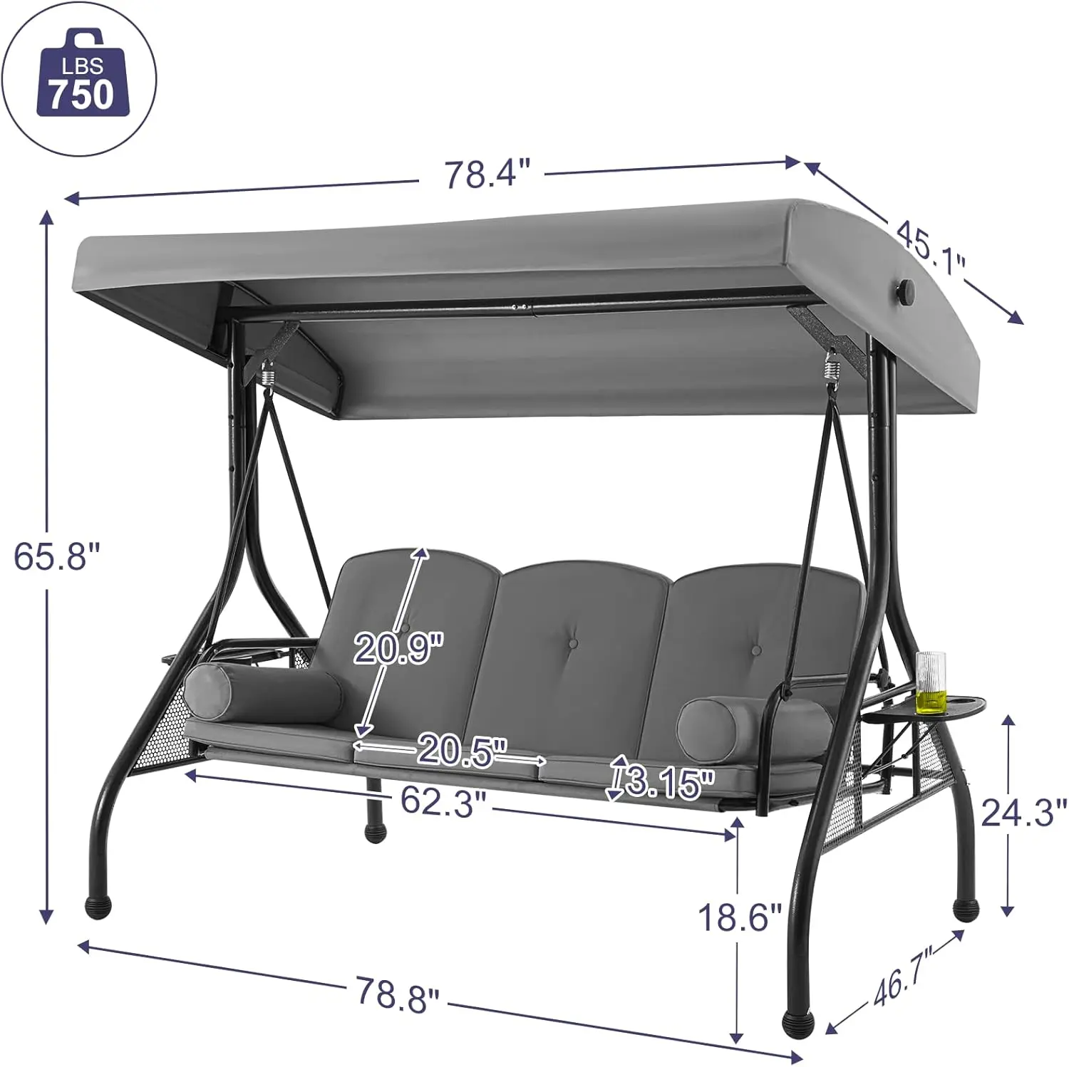 3 Seat Outdoor Porch Swing with 1.5" Deep Cup HolderAdjustable CanopyPatio Swing Bed with Stand, Patio Glider Swing with Thicken