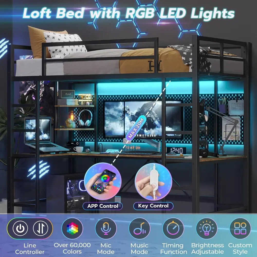 DICTAC Twin Size Loft Bed with U Shaped Desk and Led Lights Twin LED Loft Metal Bed Frame with Charging Station and Storage Shel