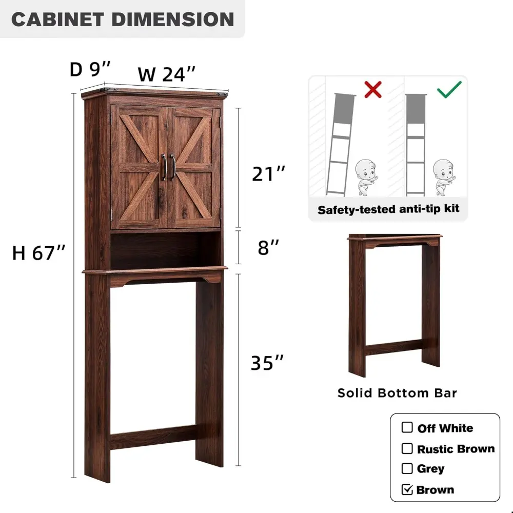 Over The Toilet Storage Cabinet, Farmhouse Bathroom Cabinet with Adjustable Shelf & Barn Door, 67" Tall Over The Toilet Shelf, B