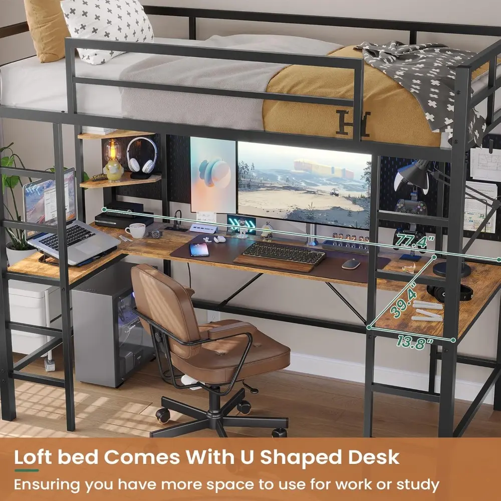 DICTAC Twin Size Loft Bed with U Shaped Desk and Led Lights Twin LED Loft Metal Bed Frame with Charging Station and Storage Shel