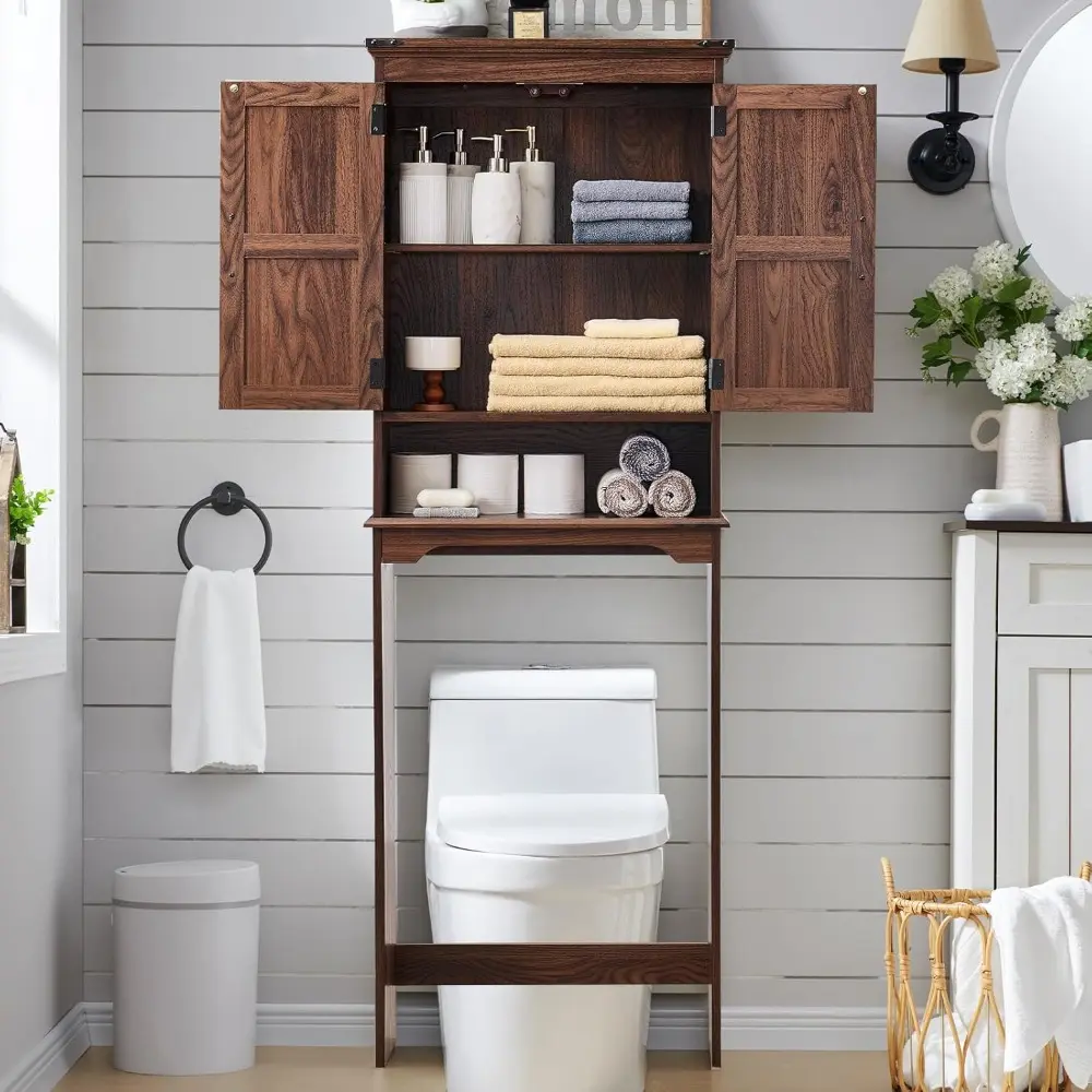 Over The Toilet Storage Cabinet, Farmhouse Bathroom Cabinet with Adjustable Shelf & Barn Door, 67" Tall Over The Toilet Shelf, B