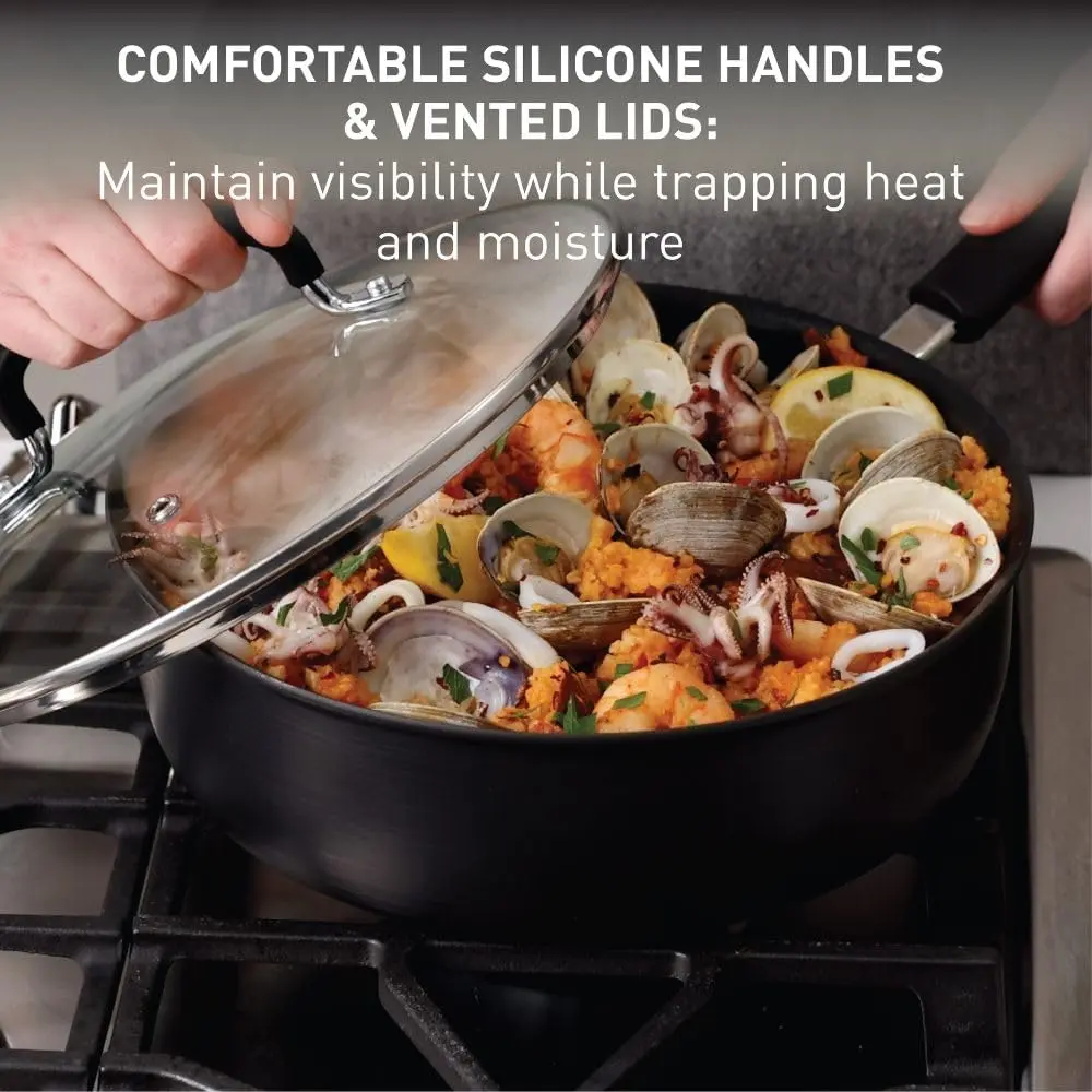 Ultimate Hard Anodized Nonstick Cookware Set 14 Piece, Oven Broiler Safe 400F, Lid Safe 350F Dishwasher Safe, Black
