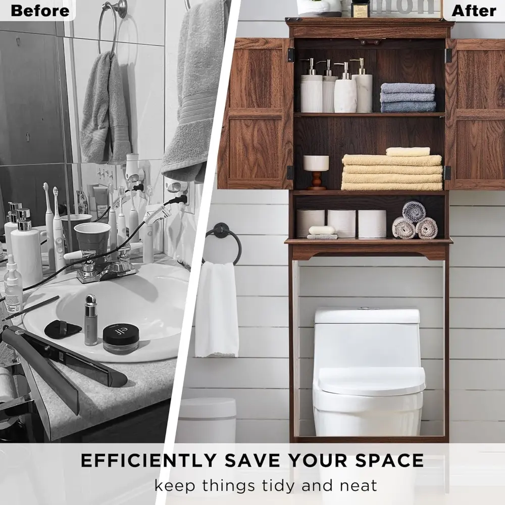 Over The Toilet Storage Cabinet, Farmhouse Bathroom Cabinet with Adjustable Shelf & Barn Door, 67" Tall Over The Toilet Shelf, B