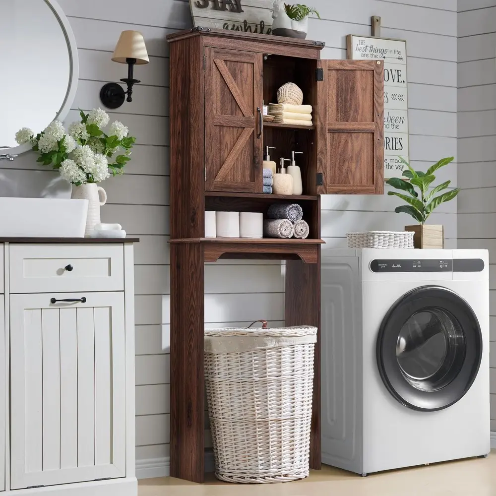 Over The Toilet Storage Cabinet, Farmhouse Bathroom Cabinet with Adjustable Shelf & Barn Door, 67" Tall Over The Toilet Shelf, B