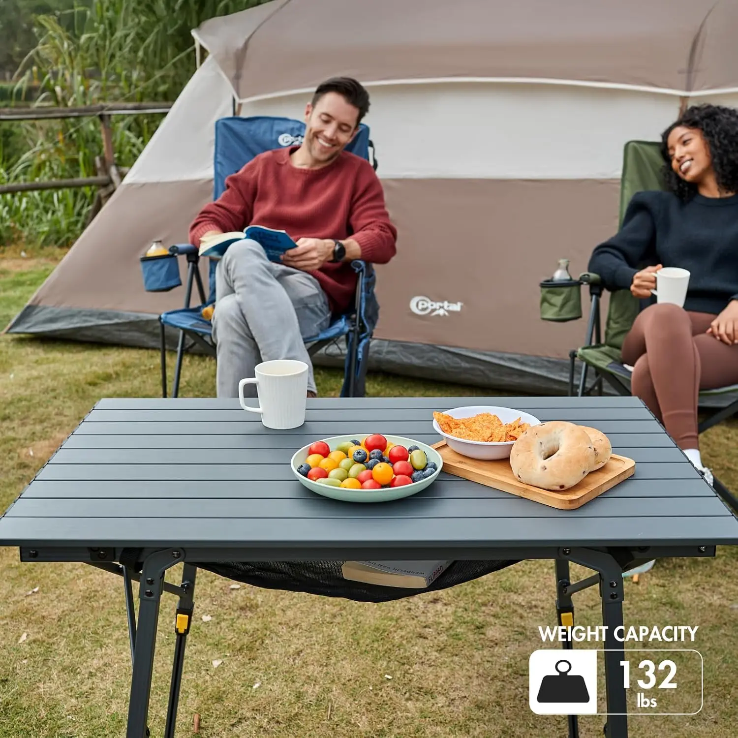 Outdoor Folding Portable Picnic Camping Table with Adjustable Height Aluminum Roll Up Table Top Mesh Layer, Dark Gray