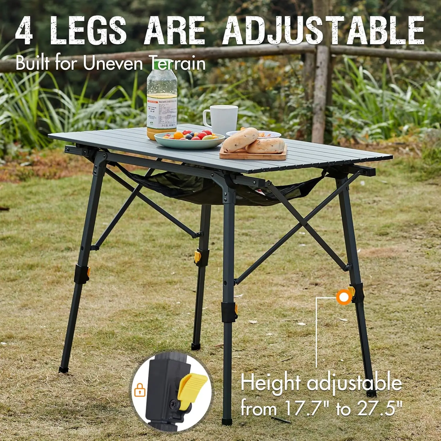 Outdoor Folding Portable Picnic Camping Table with Adjustable Height Aluminum Roll Up Table Top Mesh Layer, Dark Gray