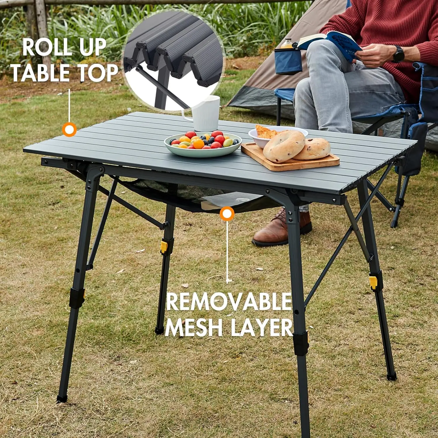 Outdoor Folding Portable Picnic Camping Table with Adjustable Height Aluminum Roll Up Table Top Mesh Layer, Dark Gray