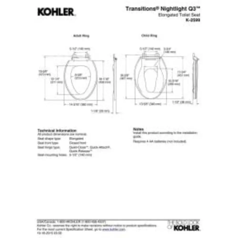 TRANSITIONS® NIGHTLIGHT Q3 TOILET SEAT, Non Ready Latch, Elongated, BISCUIT