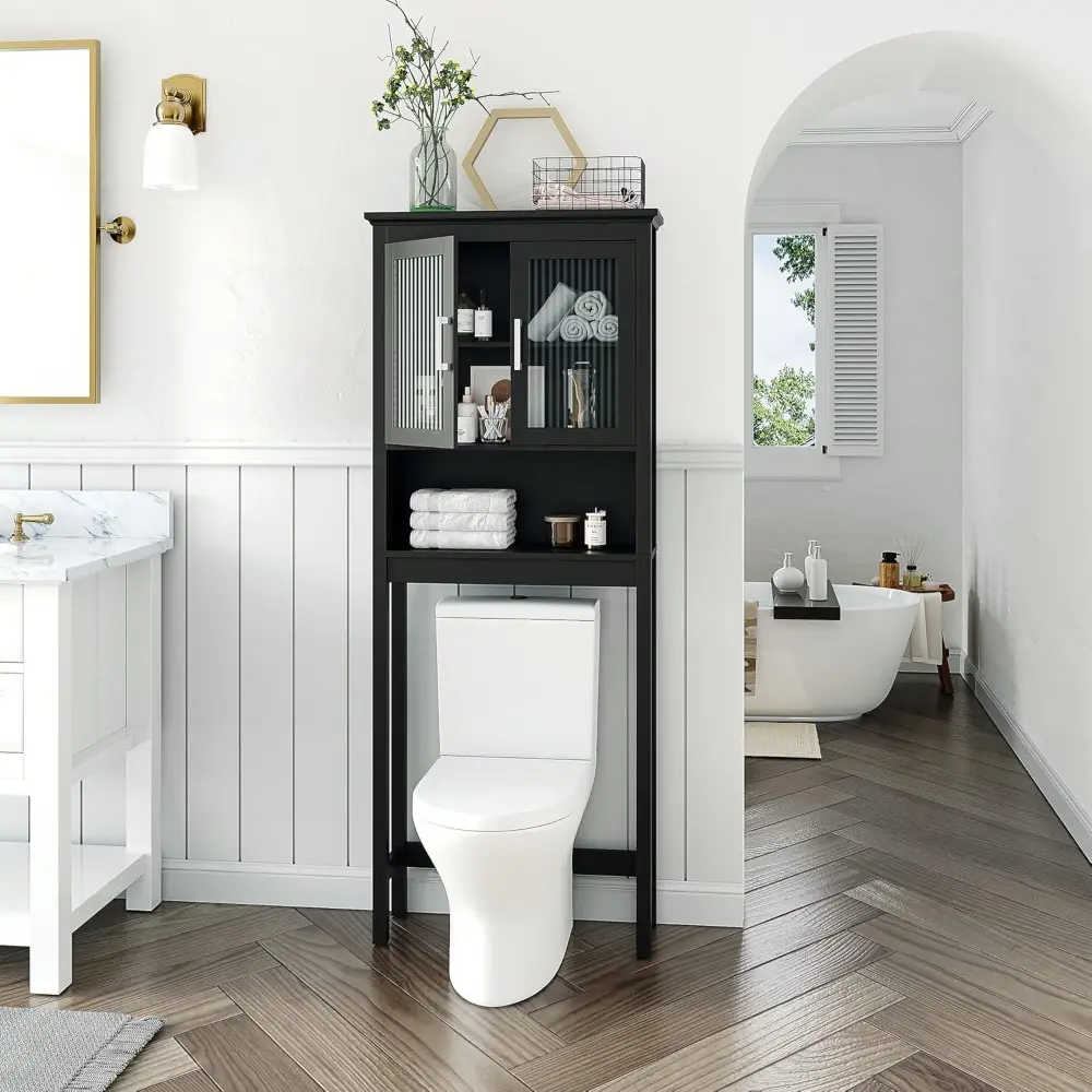 Over The Toilet Storage Cabinet with Moru Tempered Glass Doors, Bathroom Organizer Above Toilet Storage Cabinet, Espresso