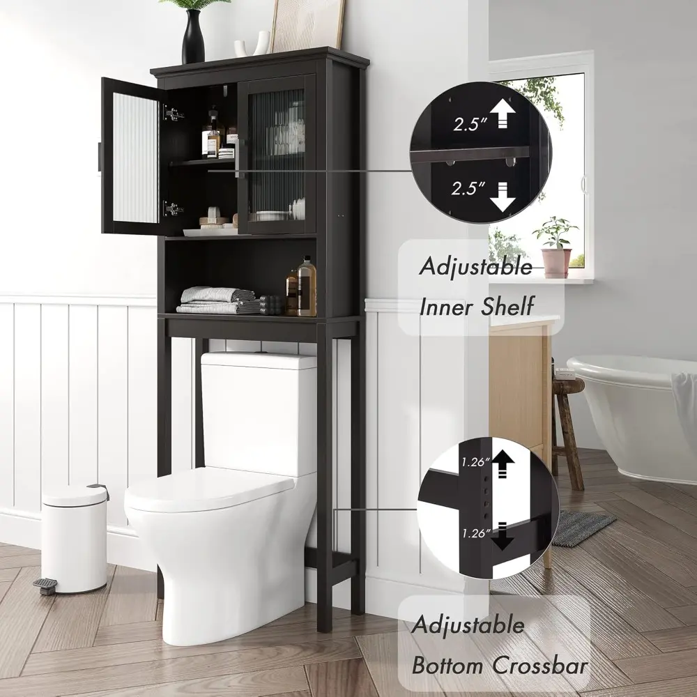Over The Toilet Storage Cabinet with Moru Tempered Glass Doors, Bathroom Organizer Above Toilet Storage Cabinet, Espresso