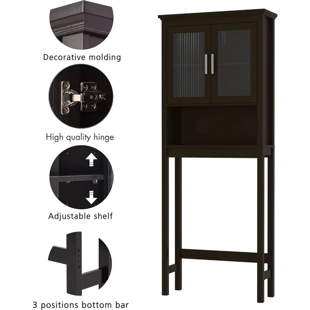 Over The Toilet Storage Cabinet with Moru Tempered Glass Doors, Bathroom Organizer Above Toilet Storage Cabinet, Espresso