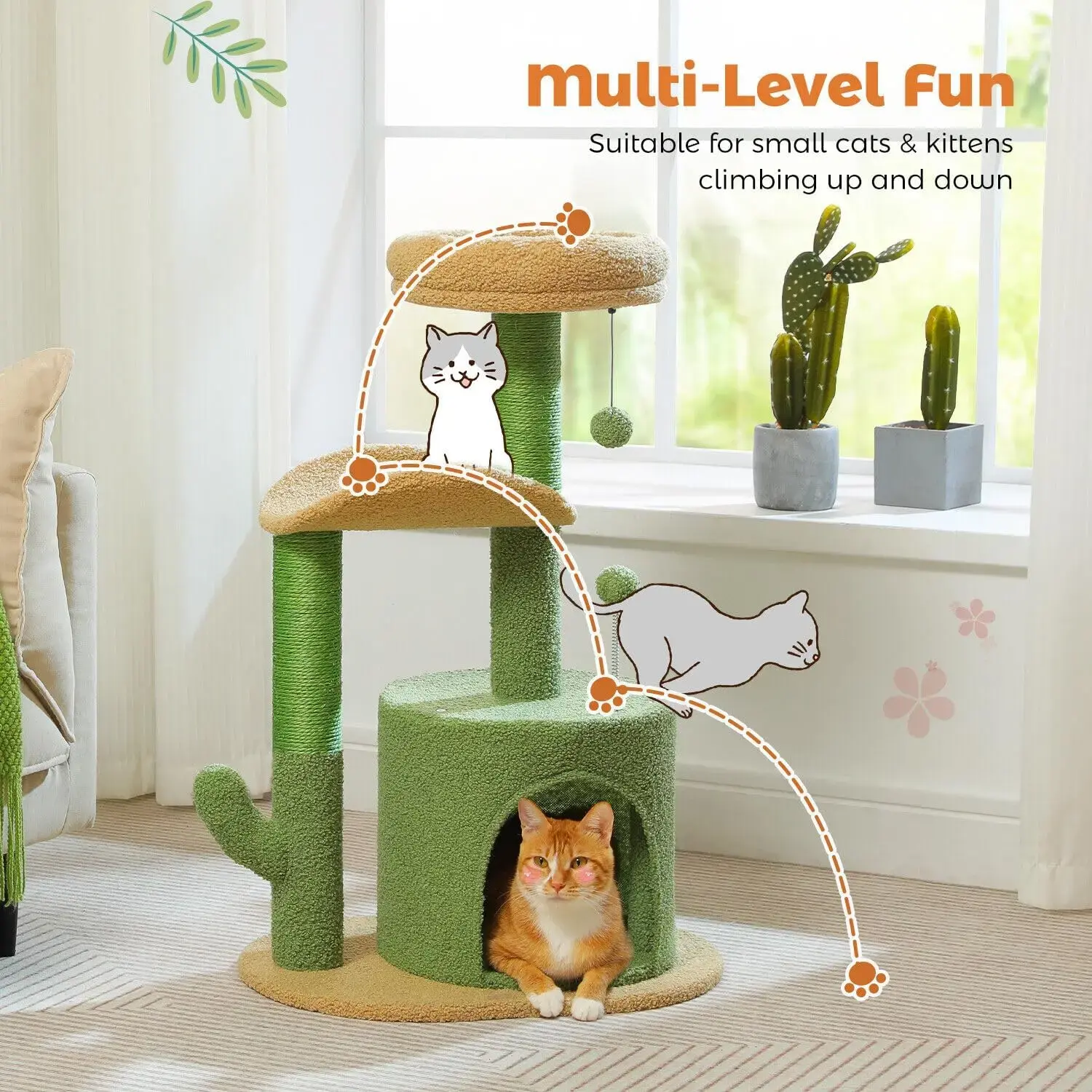 Cactus Cat Tree Small Cat Tower 32” Cat Scratching Post with Curved Perch,