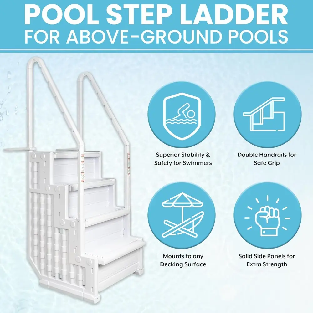 Premium Pool Step Ladder for Above Ground Pools - Deck Mounted Ladder w/Double Handrails - for 48’’ to 54’’ in. Above Ground Po