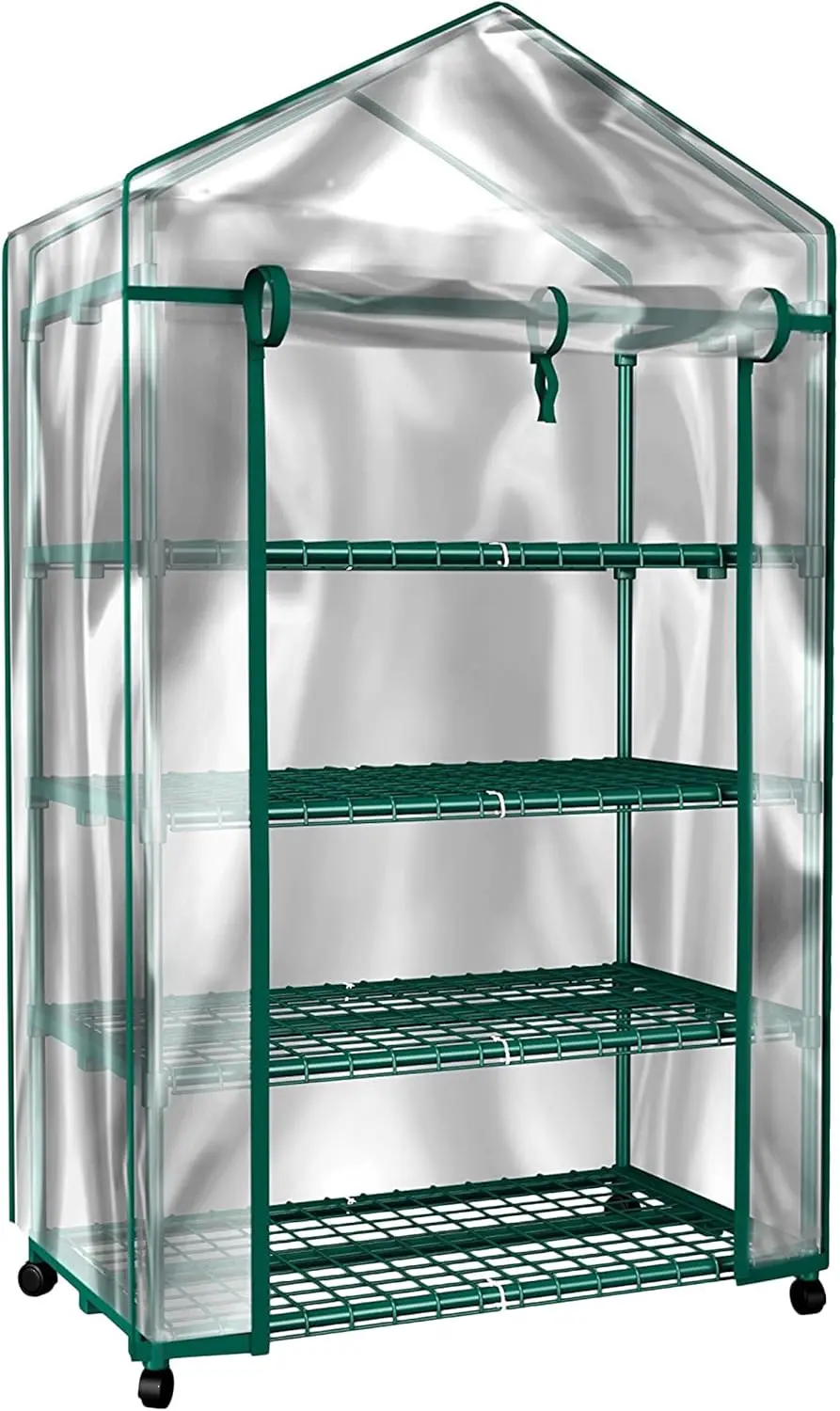 4 Tier Mini Greenhouse - Portable Greenhouse with Locking Wheels and PVC Cover for Indoor or Outdoor - 27 x 19 x 63-Inch
