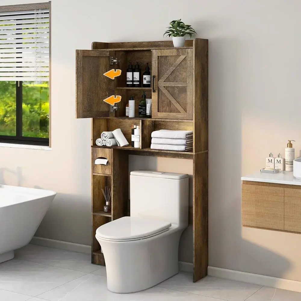 Over The Toilet Storage Cabinet, Farmhouse Storage Cabinet Over Toilet with 2 Barn Door & Toilet Paper Holder Stand，Home Space-S