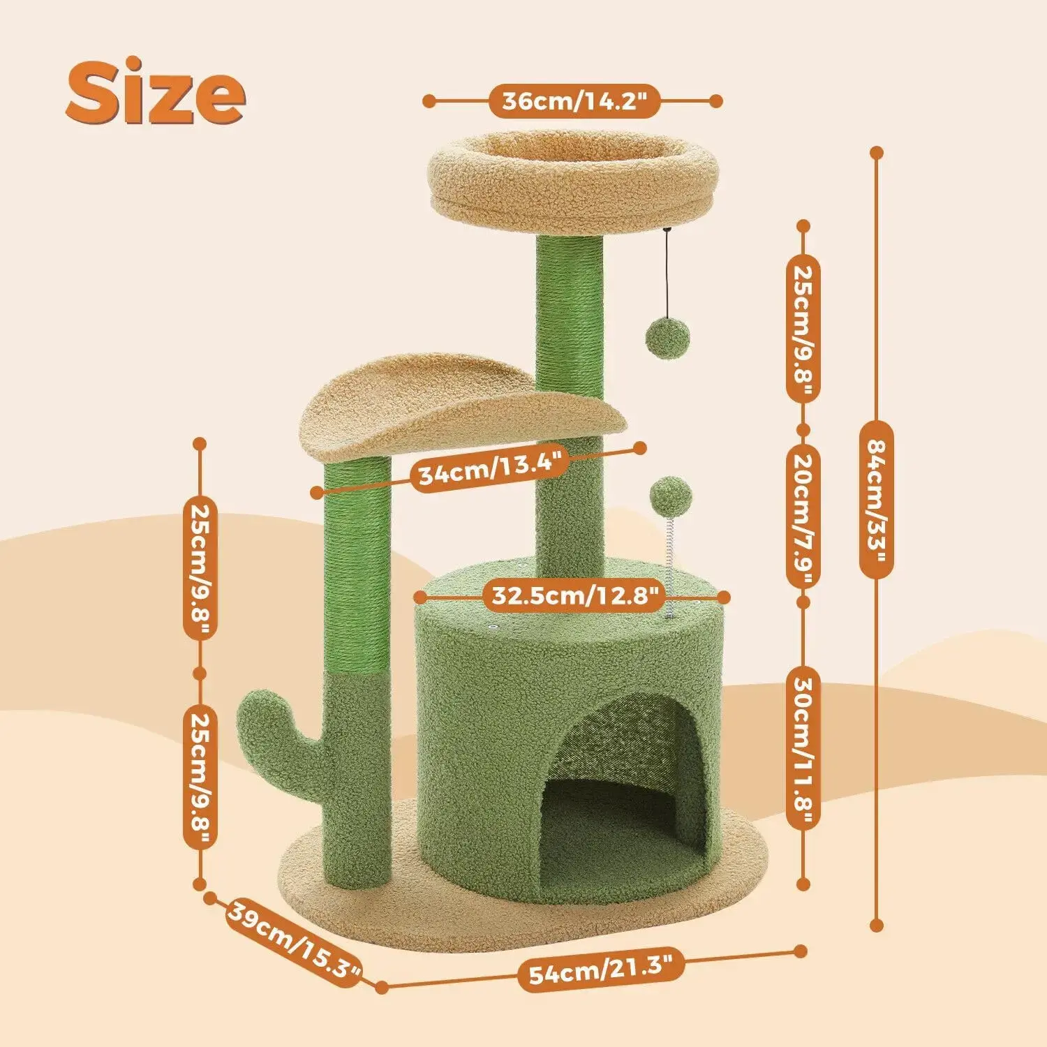 Cactus Cat Tree Small Cat Tower 32” Cat Scratching Post with Curved Perch,
