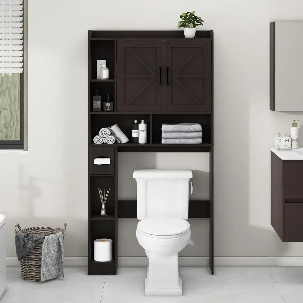 Over The Toilet Storage Cabinet, Farmhouse Storage Cabinet Over Toilet with 2 Barn Door & Toilet Paper Holder Stand，Home Space-S