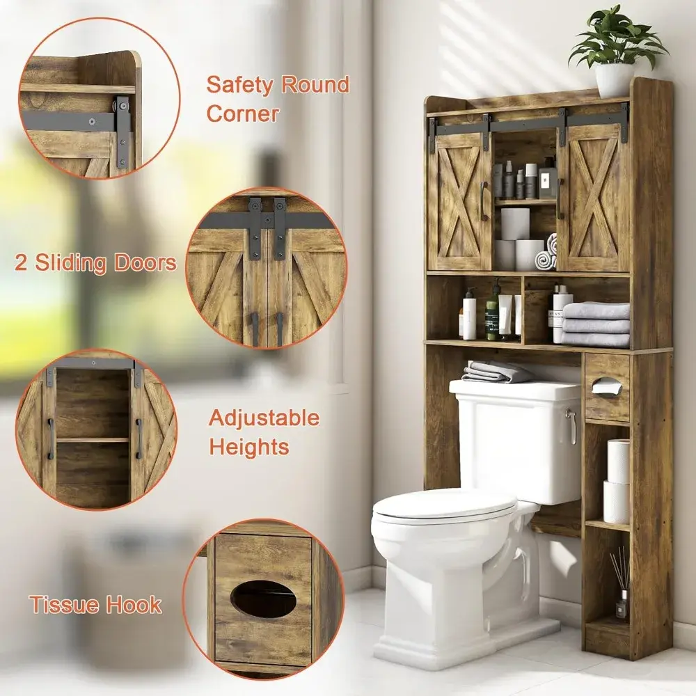 Over The Toilet Storage Cabinet, Farmhouse Storage Cabinet Over Toilet with Sliding Doors & Toilet Paper Holder Stand，Home Space