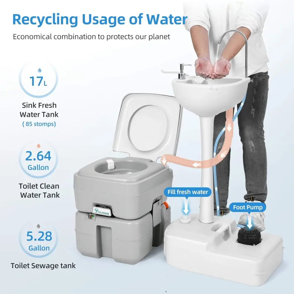 Portable Sink and Toilet, 17 L Hand Washing Station & 5.3 Gallon Flush Potty,for Outdoor,Camping, RV, Boat, Camper, Travel,Grey