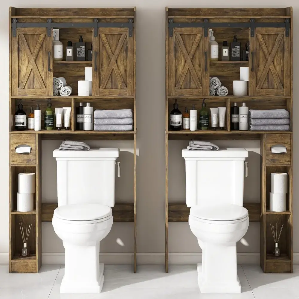 Over The Toilet Storage Cabinet, Farmhouse Storage Cabinet Over Toilet with Sliding Doors & Toilet Paper Holder Stand，Home Space