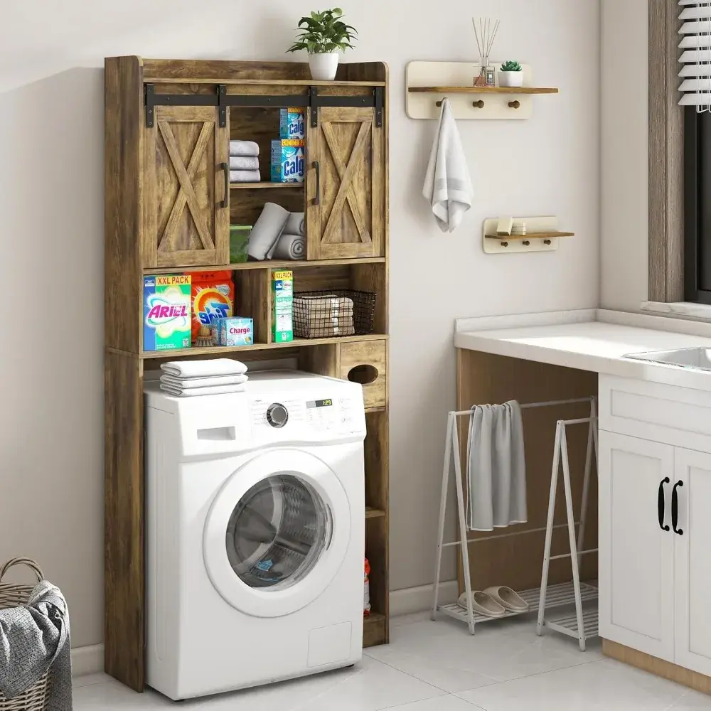 Over The Toilet Storage Cabinet, Farmhouse Storage Cabinet Over Toilet with Sliding Doors & Toilet Paper Holder Stand，Home Space