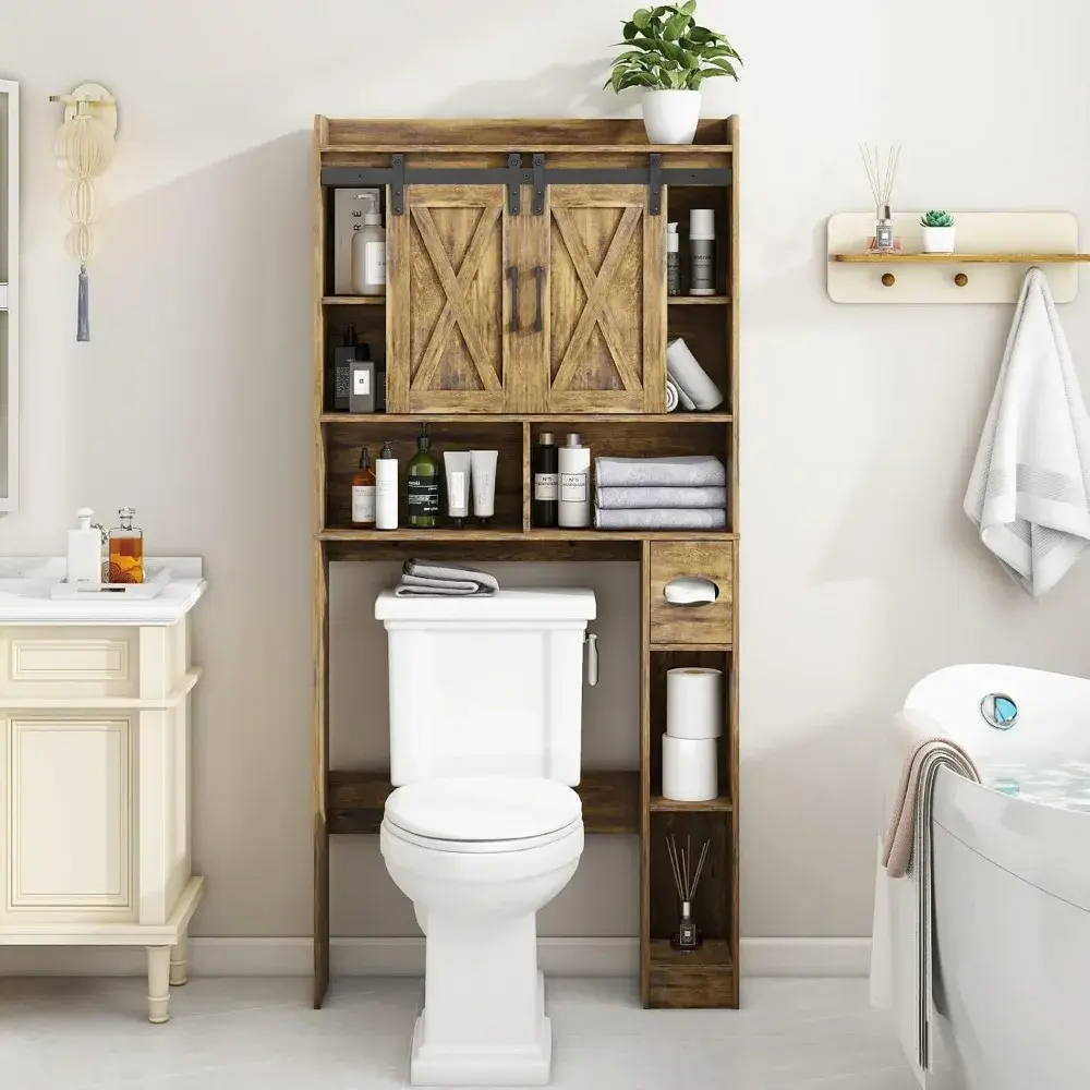 Over The Toilet Storage Cabinet, Farmhouse Storage Cabinet Over Toilet with Sliding Doors & Toilet Paper Holder Stand，Home Space