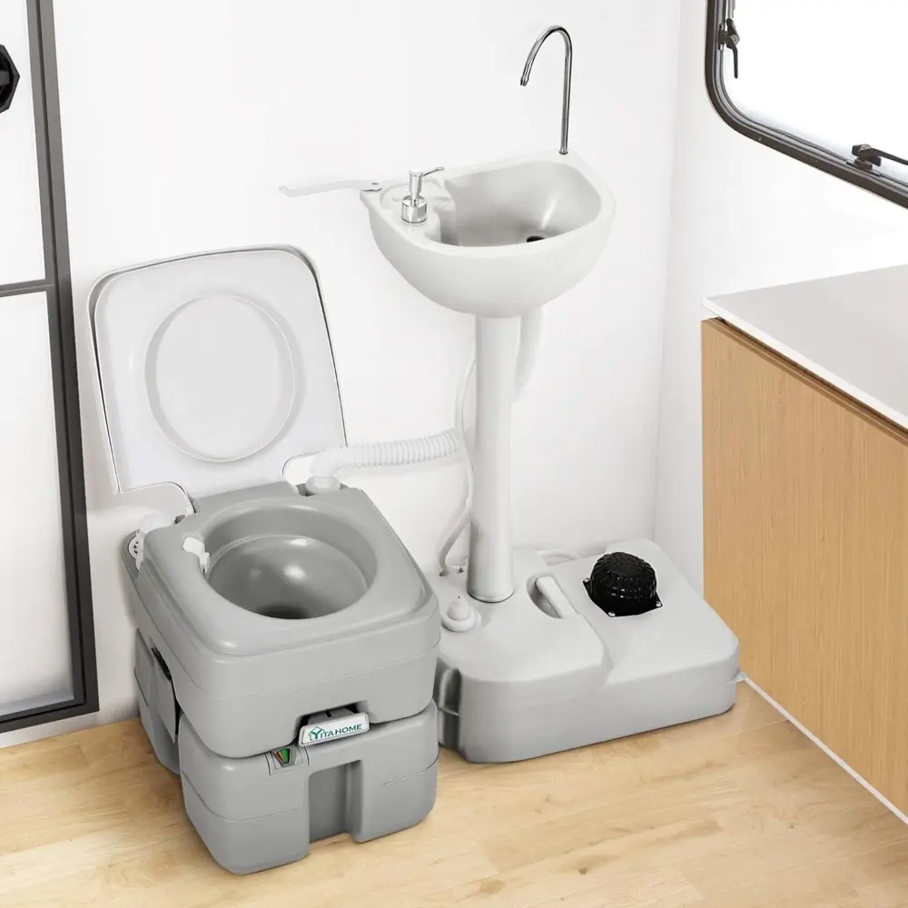 Portable Sink and Toilet, 17 L Hand Washing Station & 5.3 Gallon Flush Potty,for Outdoor,Camping, RV, Boat, Camper, Travel,Grey